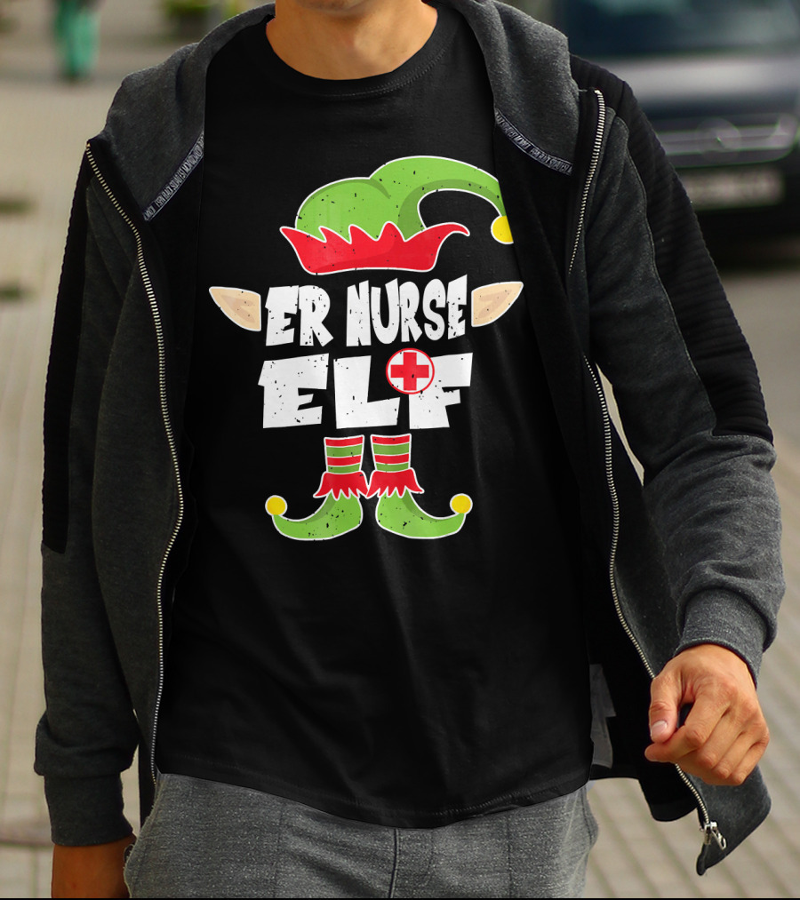ER Nurse Elf Emergency Squad Christmas Hat And Shoes T-Shirt