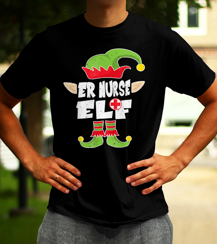 ER Nurse Elf Emergency Squad Christmas Hat And Shoes T-Shirt
