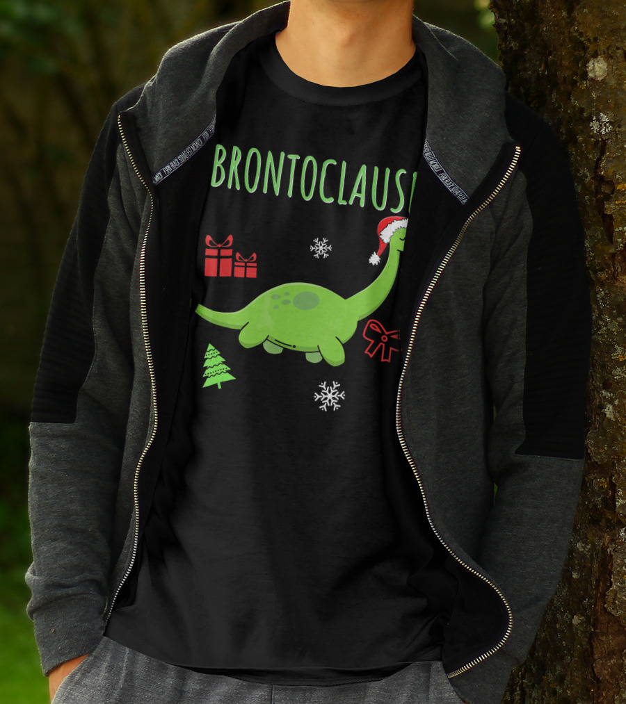 Brontoclause Christmas Dinosaur With Santa Hat And Holiday Gifts T-Shirt