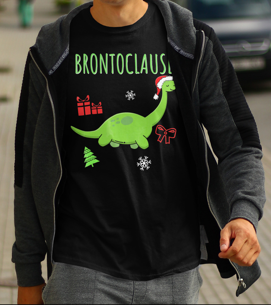 Brontoclause Christmas Dinosaur With Santa Hat And Holiday Gifts T-Shirt
