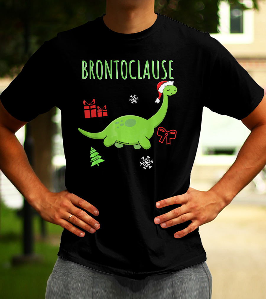 Brontoclause Christmas Dinosaur With Santa Hat And Holiday Gifts T-Shirt