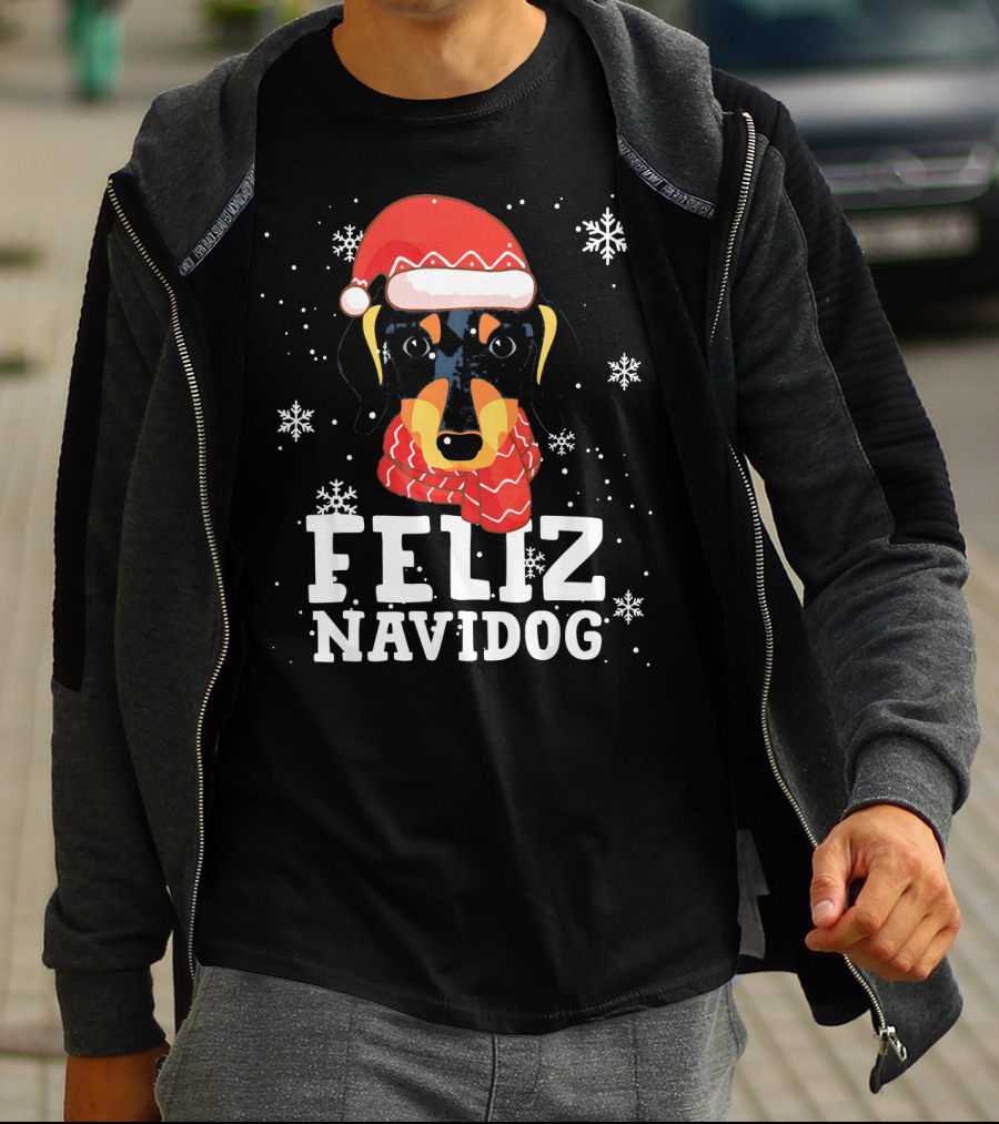 Feliz Navidog Dachshund Dog Christmas Snowflakes Santa Hat Scarf T-Shirt