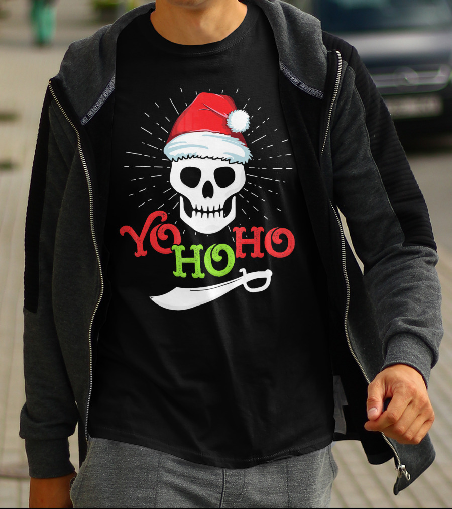 Yo Ho Ho Skull Santa Hat Pirate Sword T-Shirt