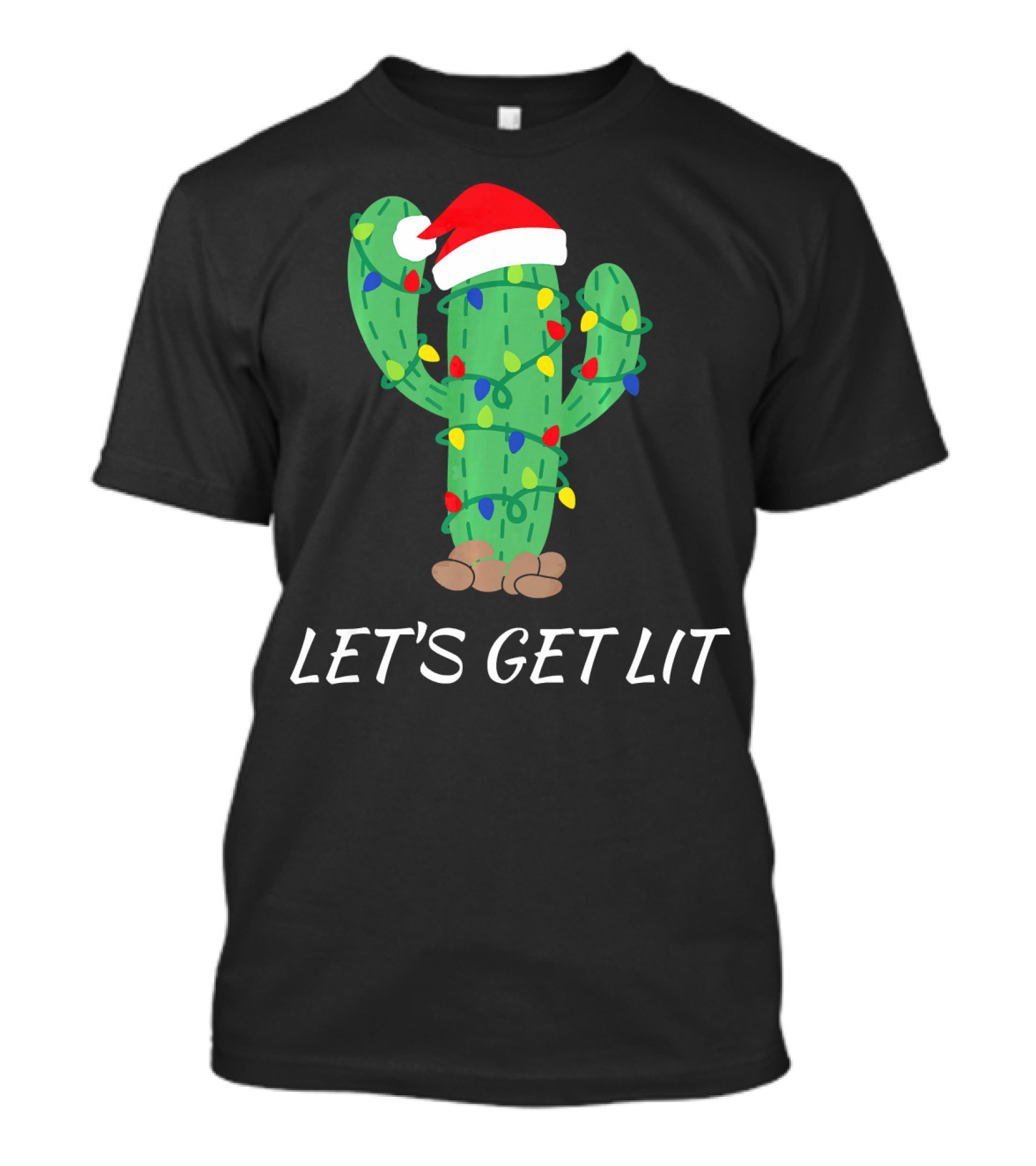 Let's Get Lit Christmas Cactus With Santa Hat And Holiday Lights T-Shirt