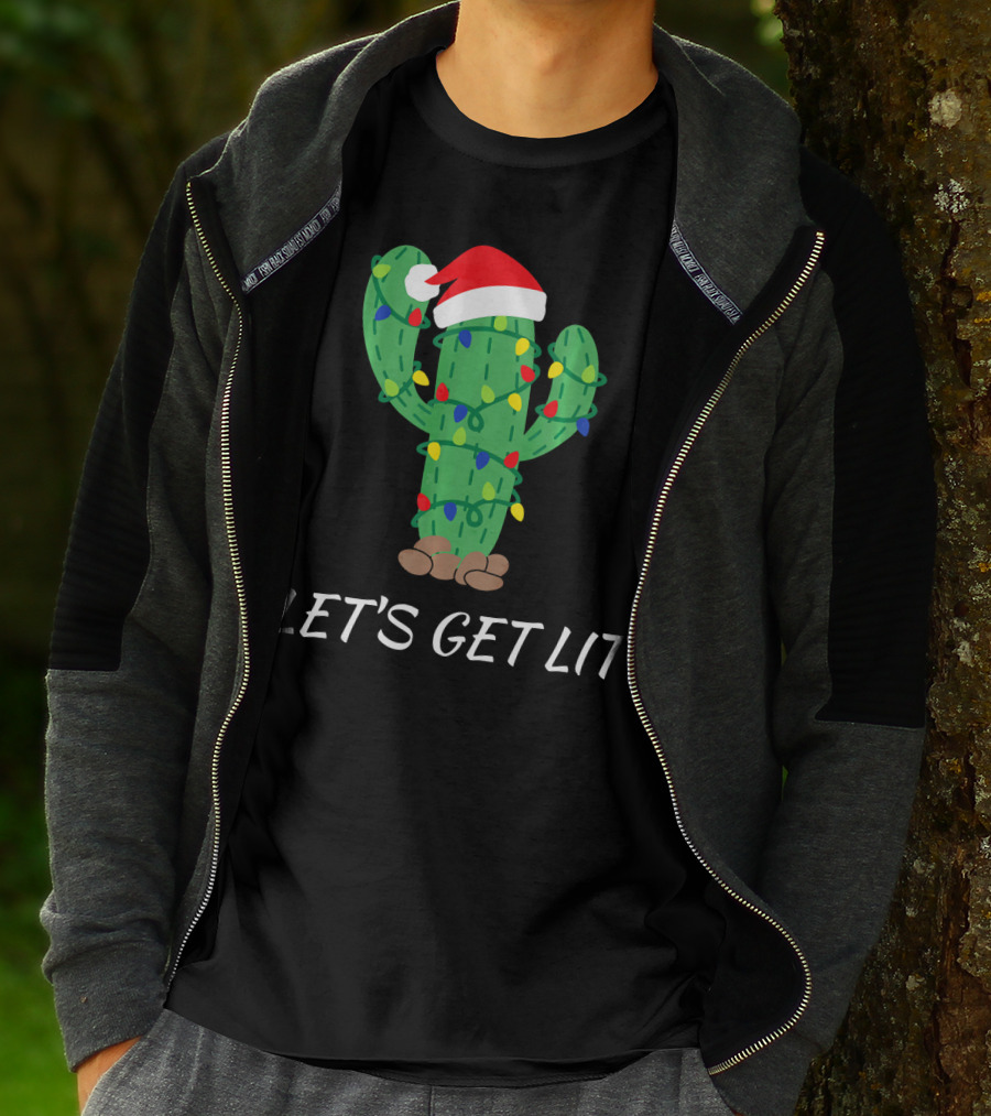 Let's Get Lit Christmas Cactus With Santa Hat And Holiday Lights T-Shirt