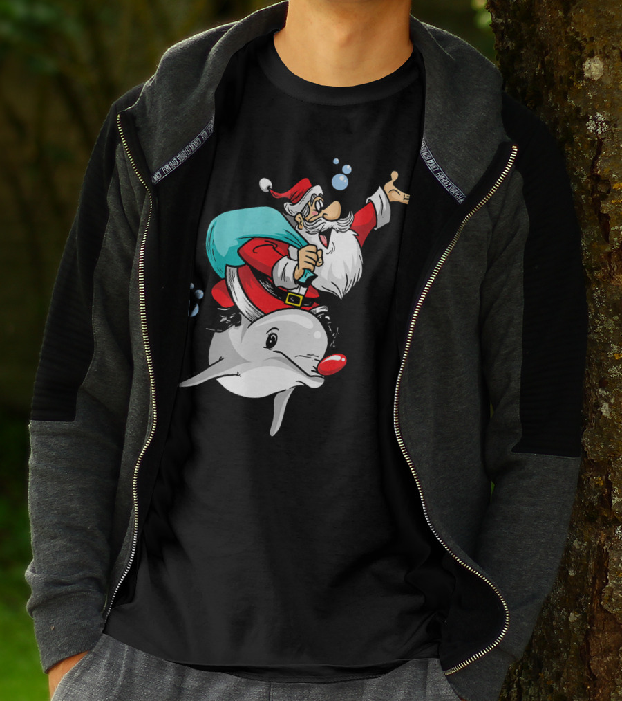 Christmas In July Santa Riding A Rudolph-Nosed Dolphin T-Shirt