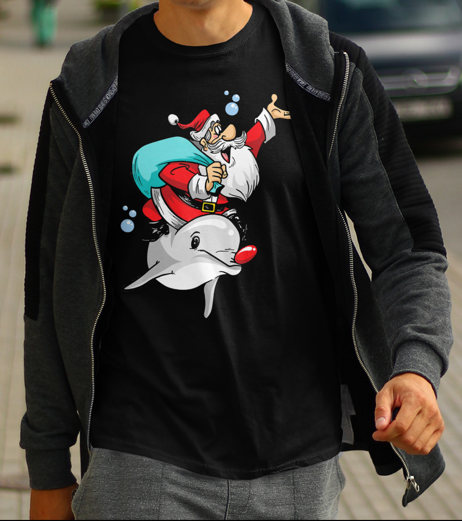 Christmas In July Santa Riding A Rudolph-Nosed Dolphin T-Shirt