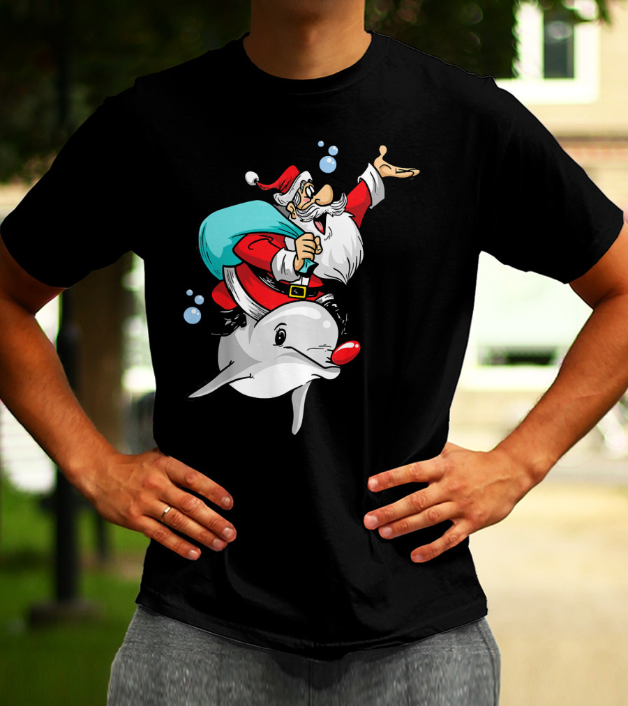 Christmas In July Santa Riding A Rudolph-Nosed Dolphin T-Shirt
