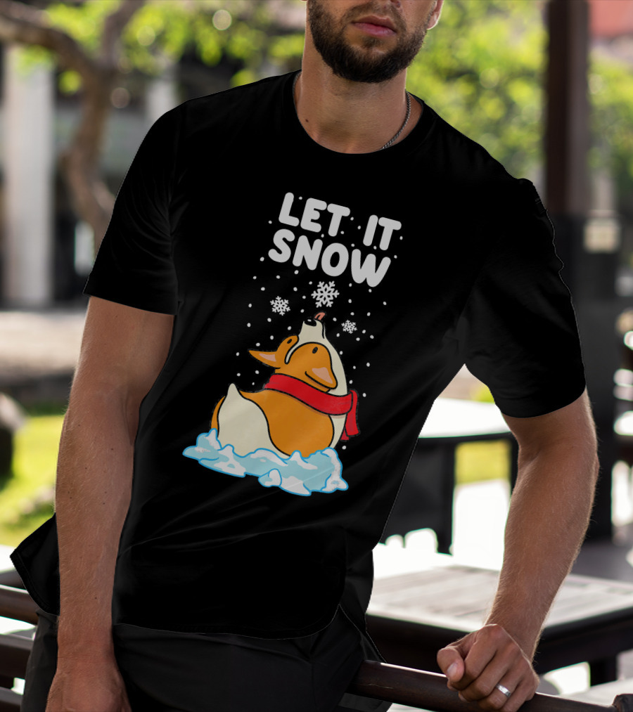 Let It Snow Corgi With Red Scarf In Snowfall T-Shirt