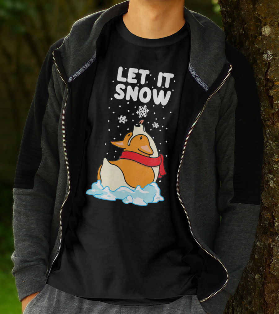 Let It Snow Corgi With Red Scarf In Snowfall T-Shirt