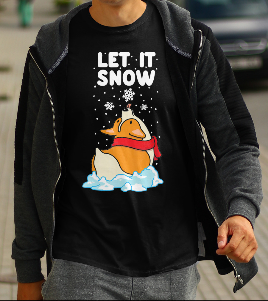 Let It Snow Corgi With Red Scarf In Snowfall T-Shirt