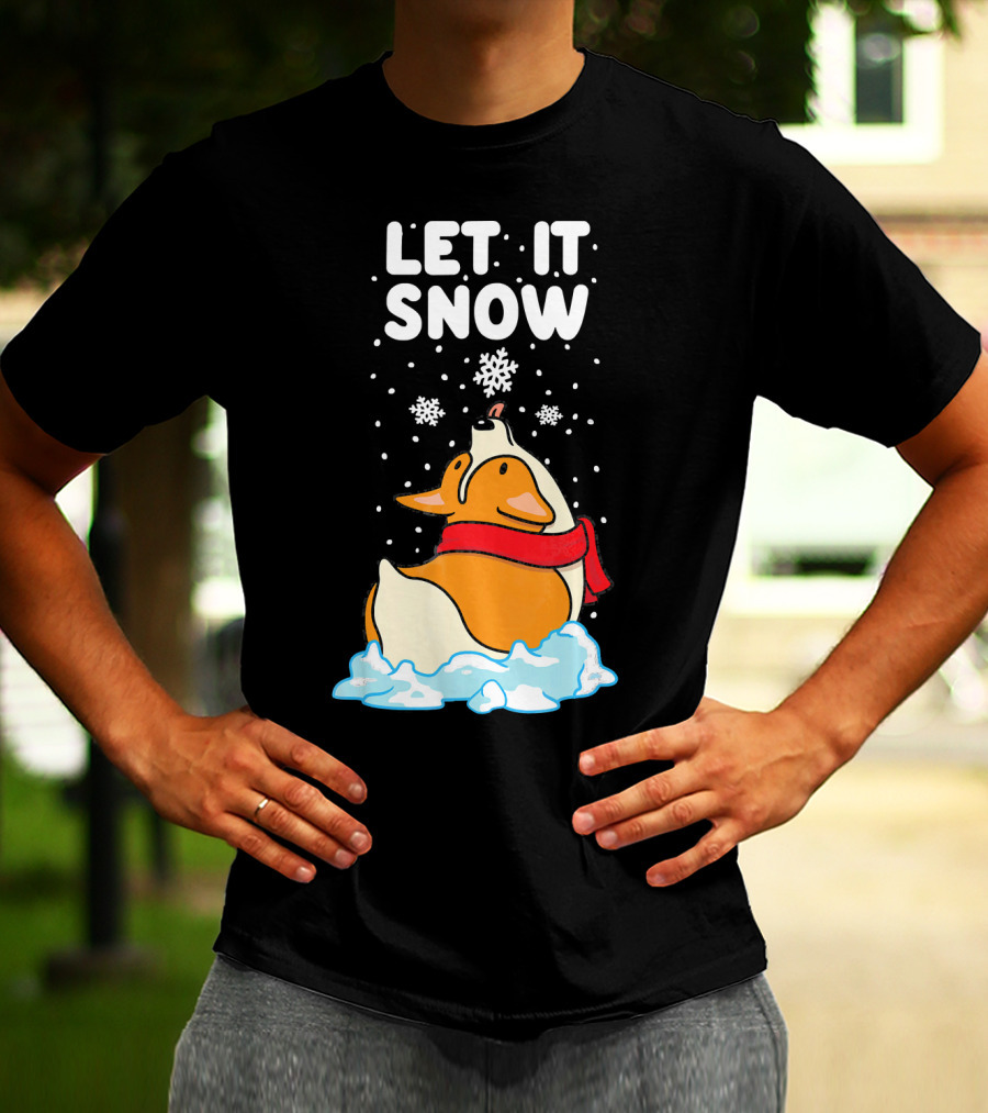 Let It Snow Corgi With Red Scarf In Snowfall T-Shirt