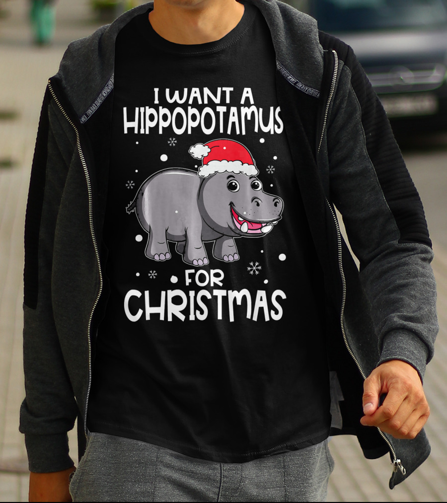 I Want A Hippopotamus For Christmas Santa Hat Snowflakes T-Shirt