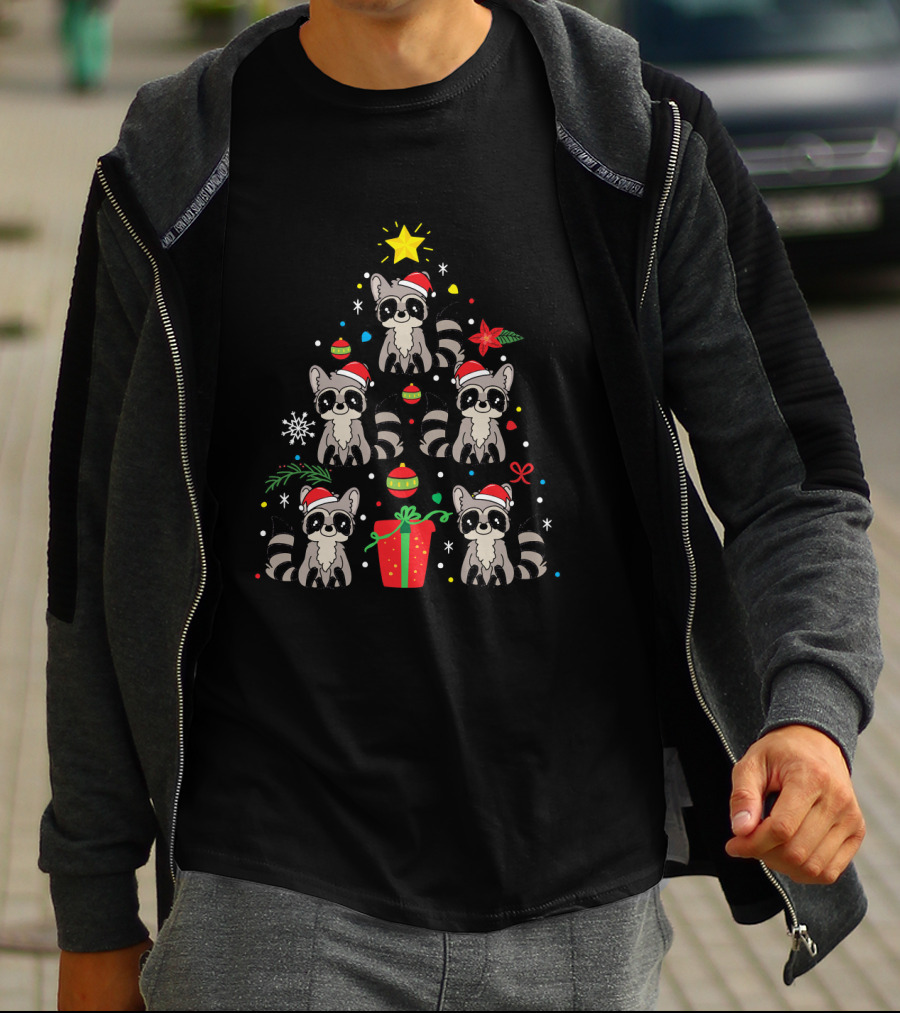 Raccoon Christmas Tree Ornament Santa Hats Holiday Gift T-Shirt