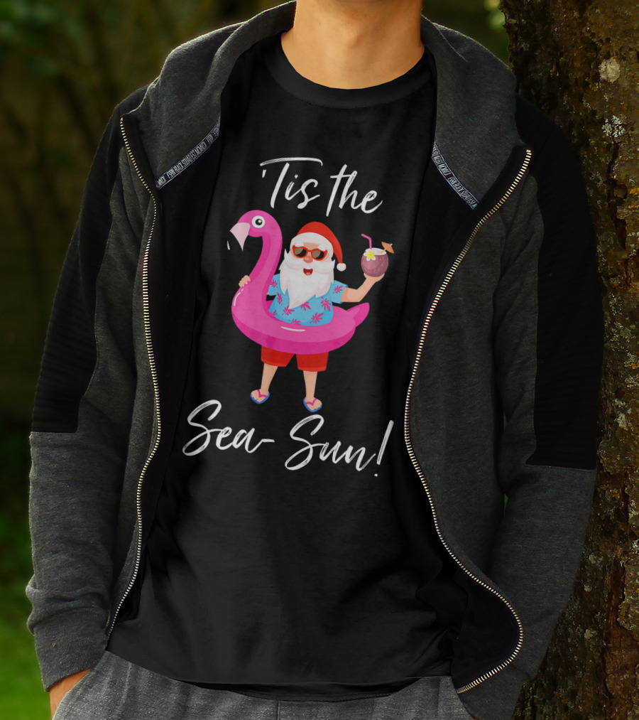 Tis The Sea-Sun Santa Claus Flamingo Float T-Shirt