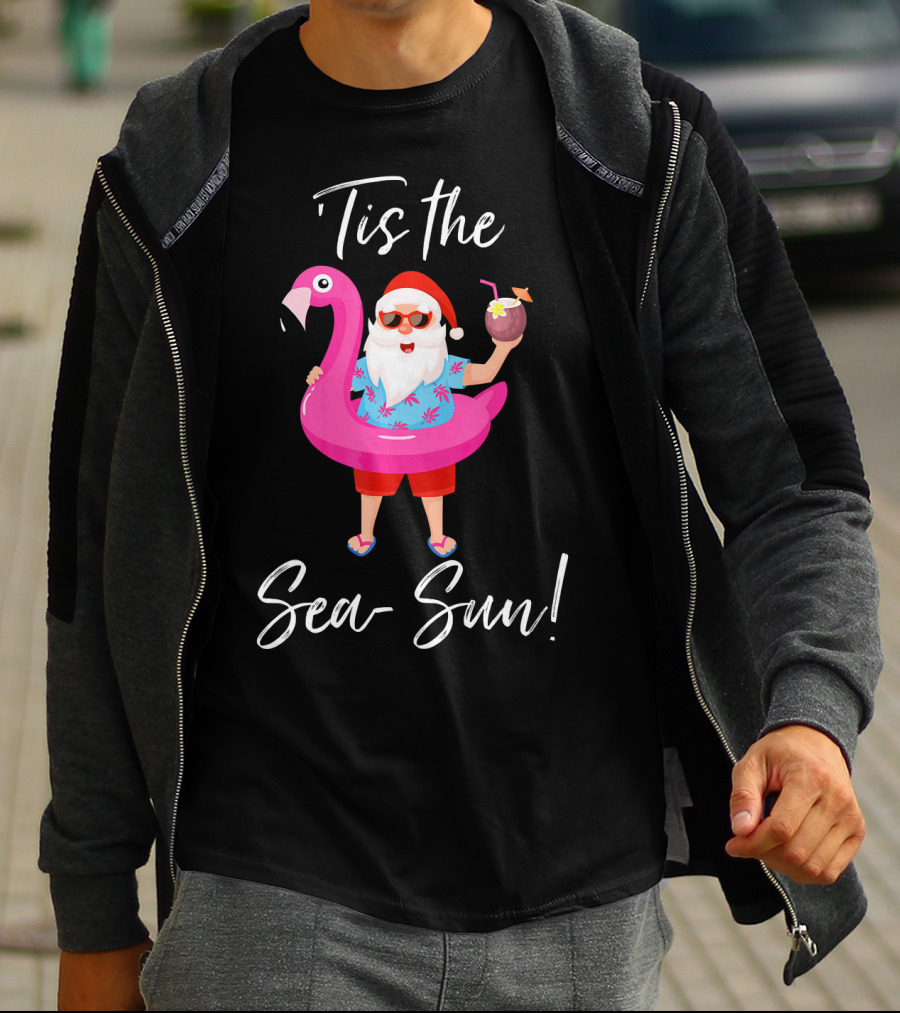 Tis The Sea-Sun Santa Claus Flamingo Float T-Shirt