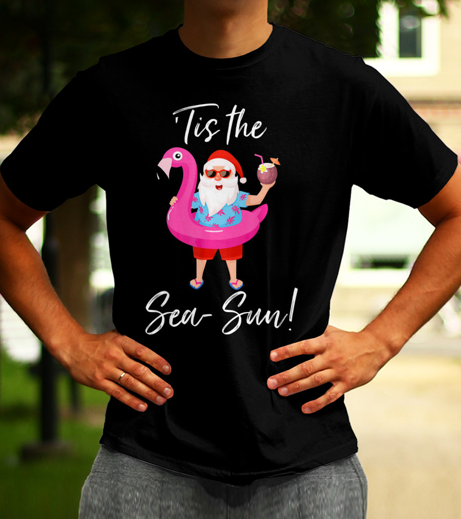 Tis The Sea-Sun Santa Claus Flamingo Float T-Shirt