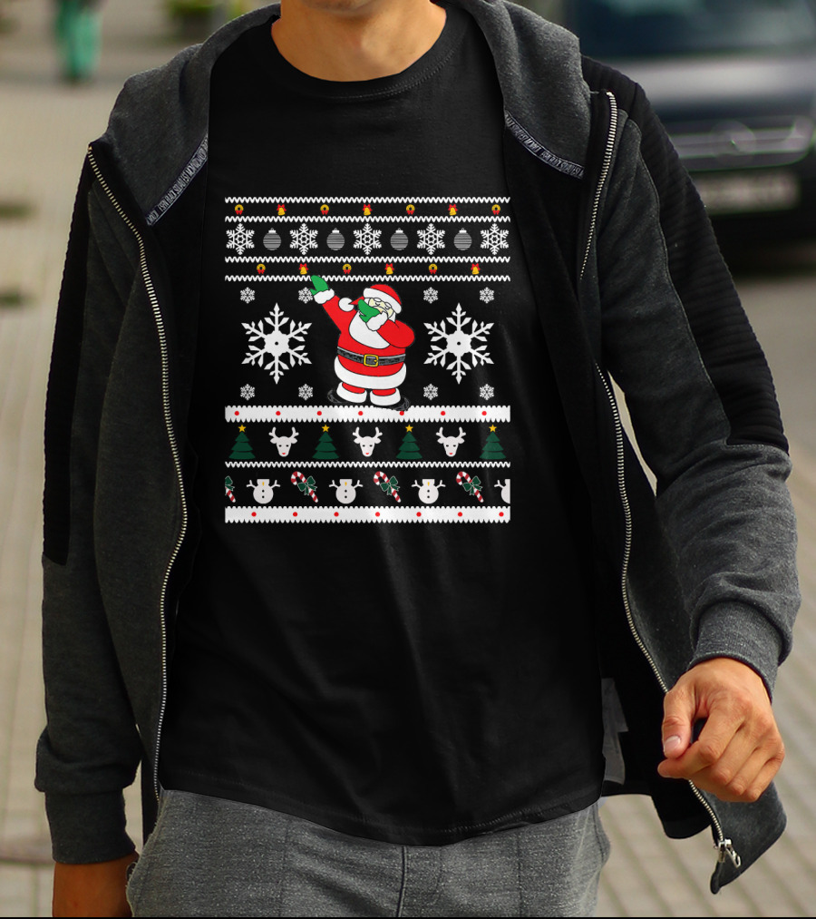 Dabbing Santa Ugly Christmas Snowflakes And Reindeer T-Shirt