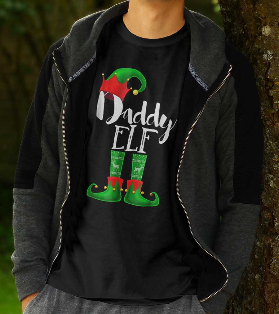 Daddy Elf Christmas Hat And Boots With Festive Green Socks T-Shirt