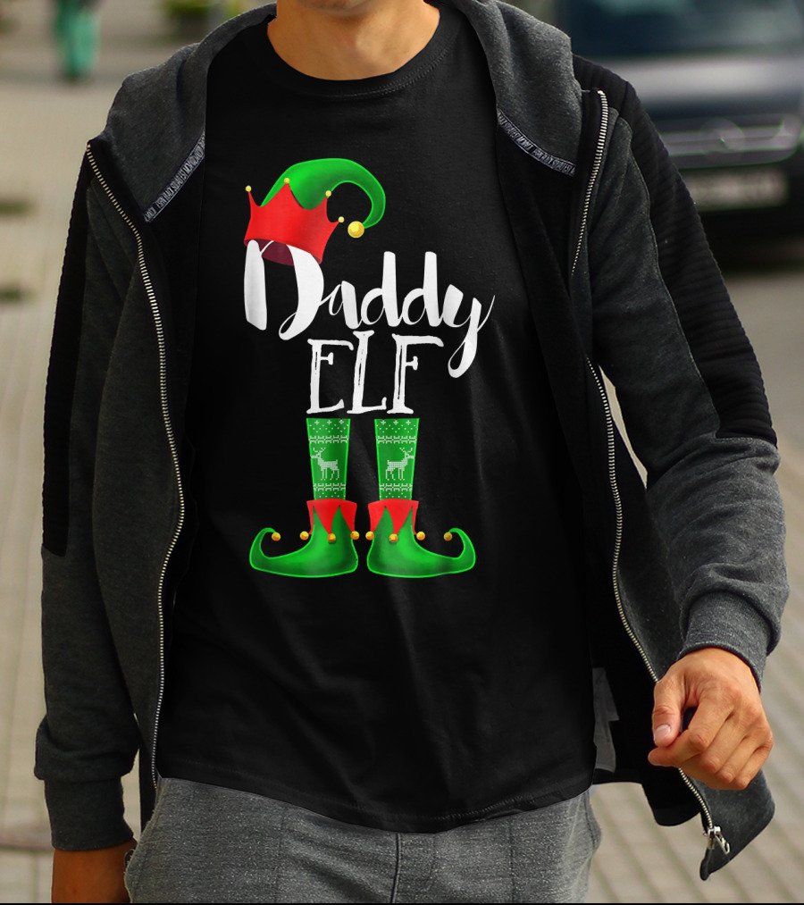 Daddy Elf Christmas Hat And Boots With Festive Green Socks T-Shirt
