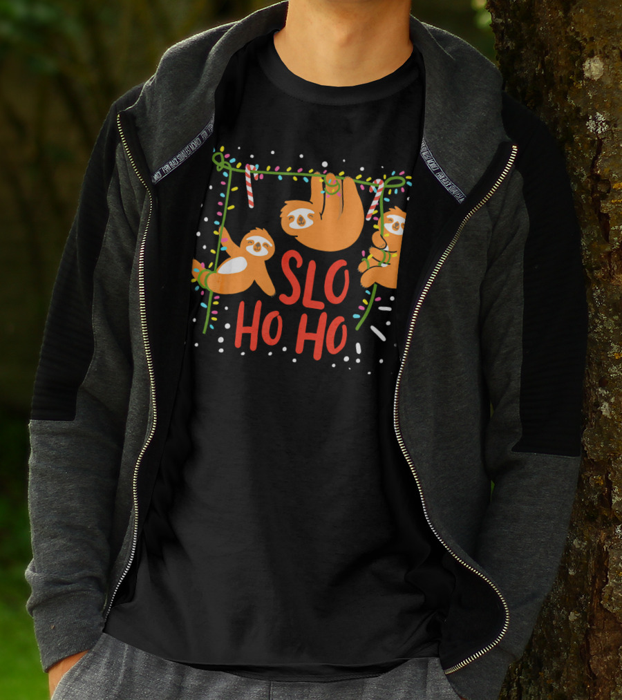 Slo Ho Ho Ho Christmas Sloth Hanging With Candy Cane And Lights T-Shirt