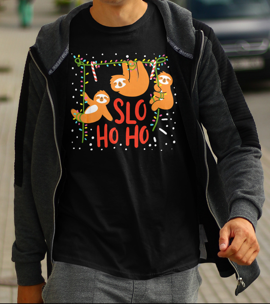 Slo Ho Ho Ho Christmas Sloth Hanging With Candy Cane And Lights T-Shirt