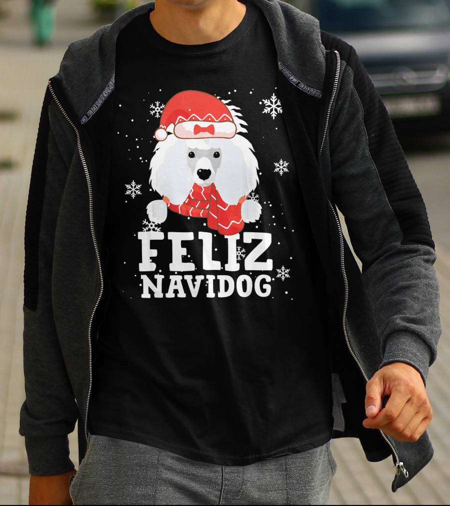 Feliz Navidog Poodle Dog Snowflakes Santa Hat Red Scarf T-Shirt