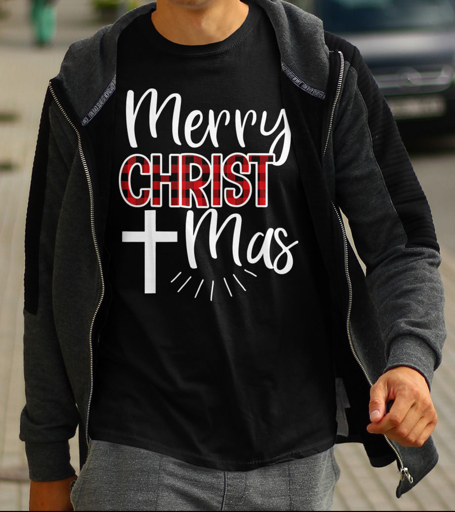 Merry CHRISTmas Cross Buffalo Plaid Christian T-Shirt
