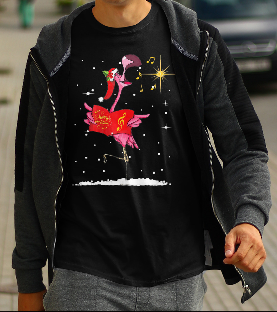 Funny Flamingo Sings Merry Christmas Song With Musical Notes And Santa Hat T-Shirt