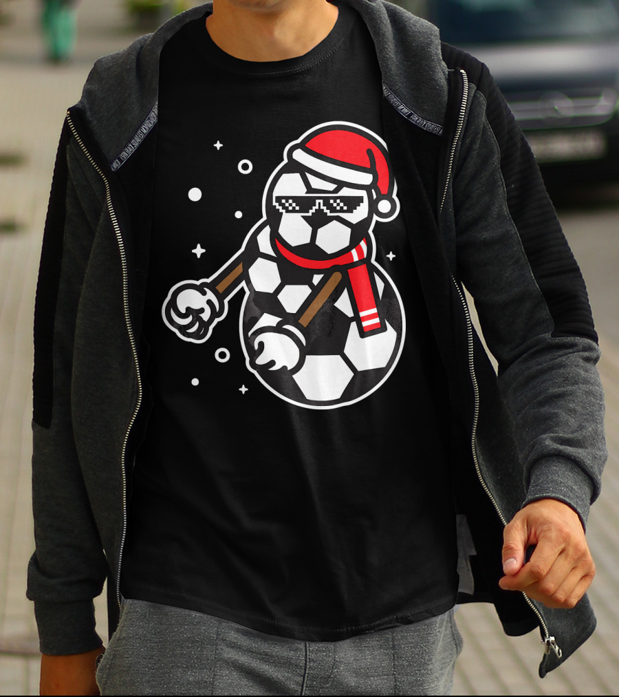 Soccer Player Snowman Funny Boy Girl Christmas Cool Santa Hat Pixel Glasses T-Shirt