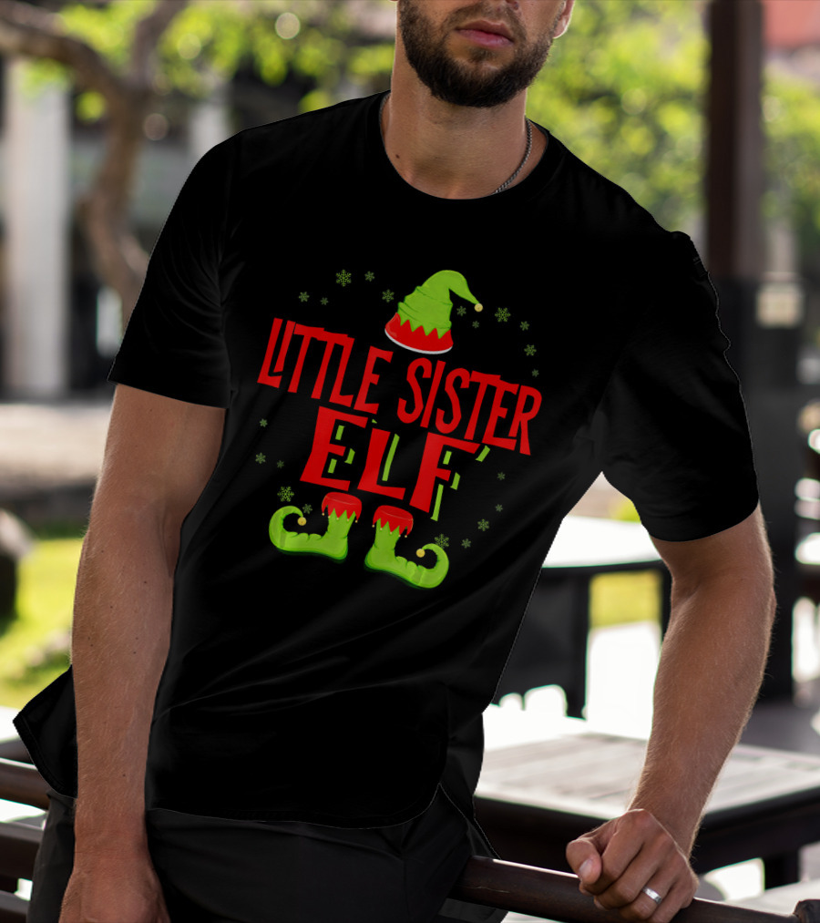 Little Sister Elf Christmas Hat And Shoes T-Shirt