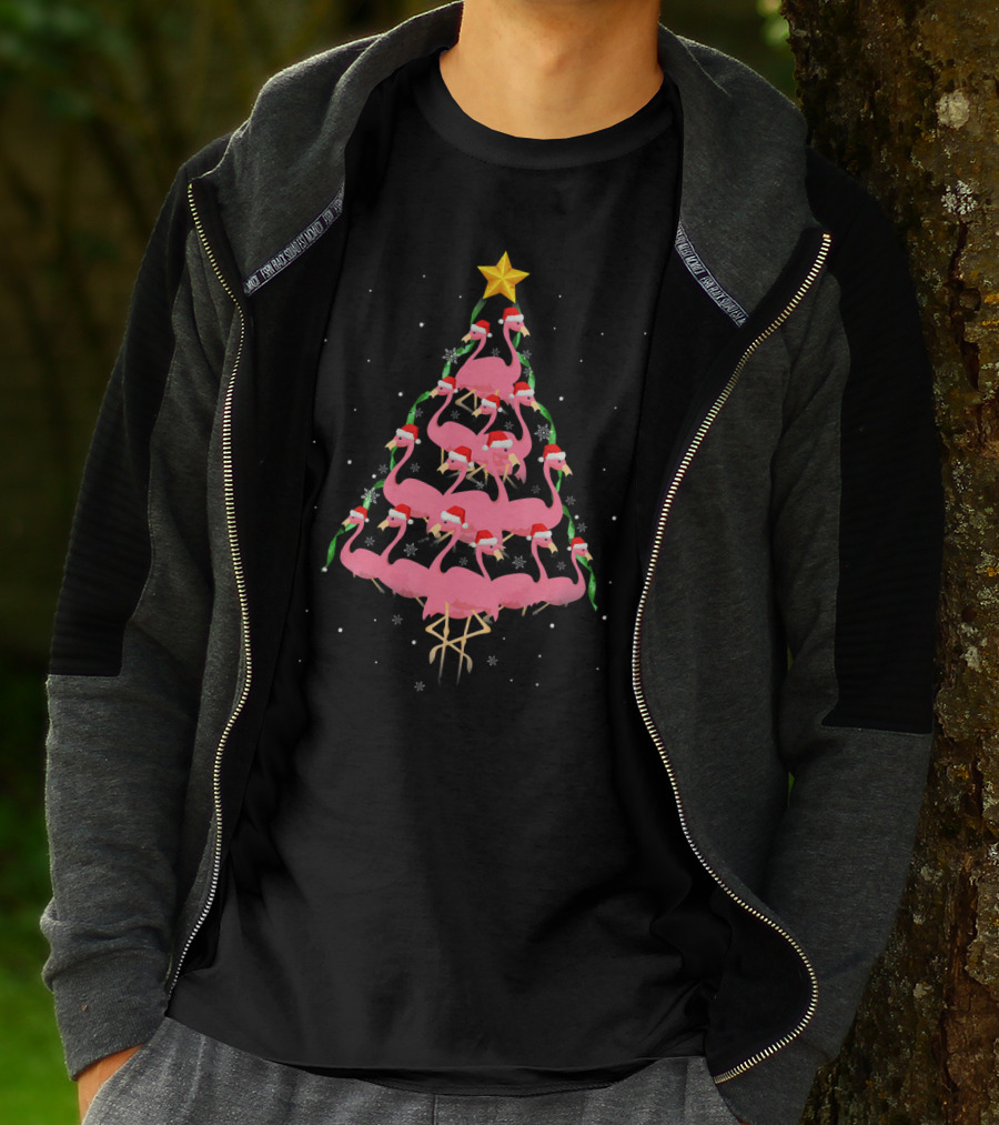 Funny Pink Flamingo Christmas Tree With Santa Hats And Star Topper T-Shirt