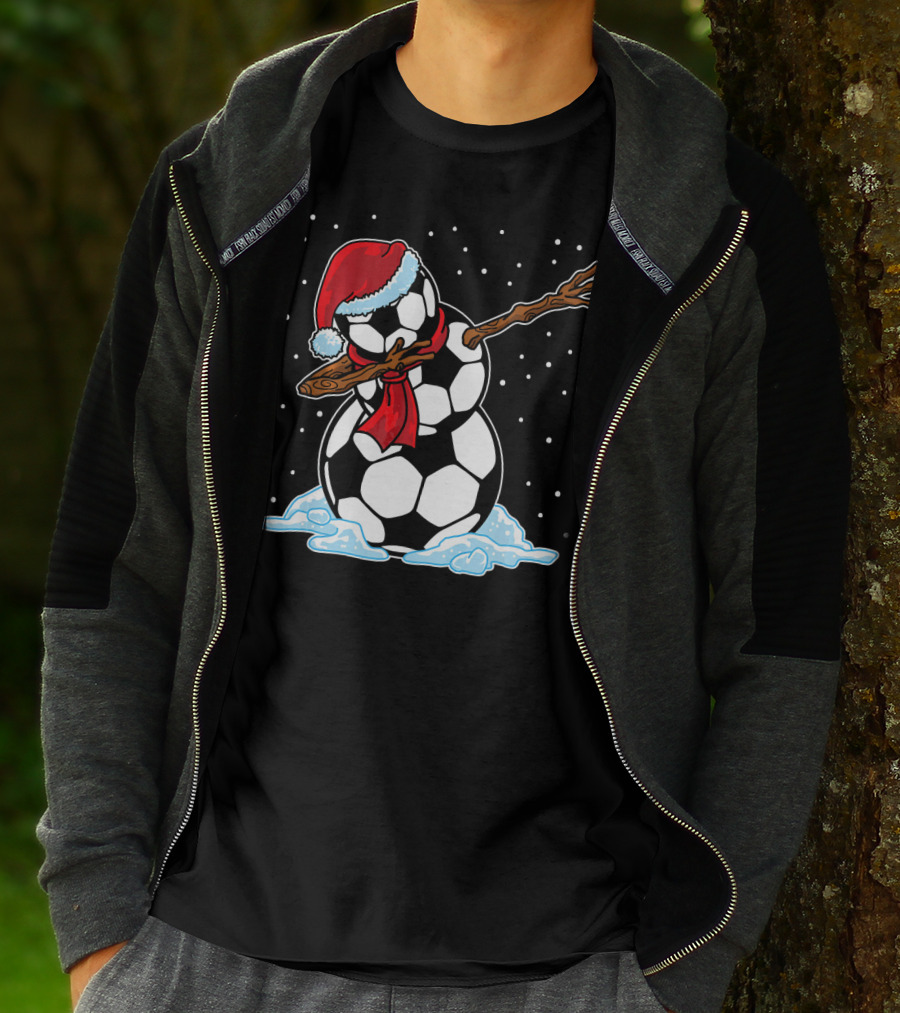 Santa Hat Soccer Ball Snowman With Red Scarf Dabbing In Snowflakes T-Shirt