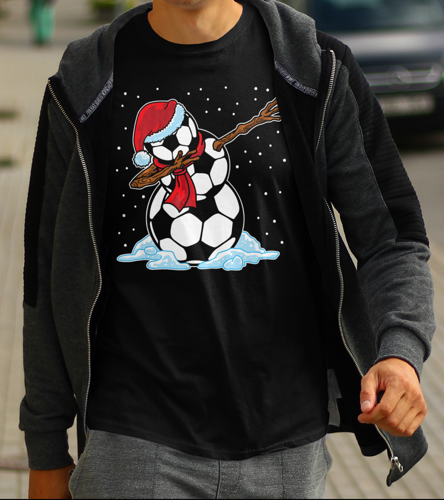 Santa Hat Soccer Ball Snowman With Red Scarf Dabbing In Snowflakes T-Shirt