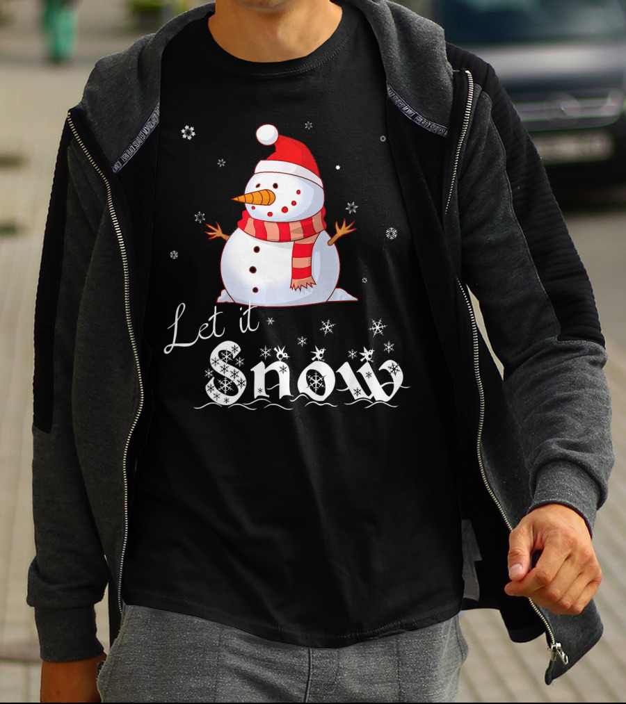 Let It Snow Cute Snowman In Santa Hat And Scarf With Snowflakes T-Shirt