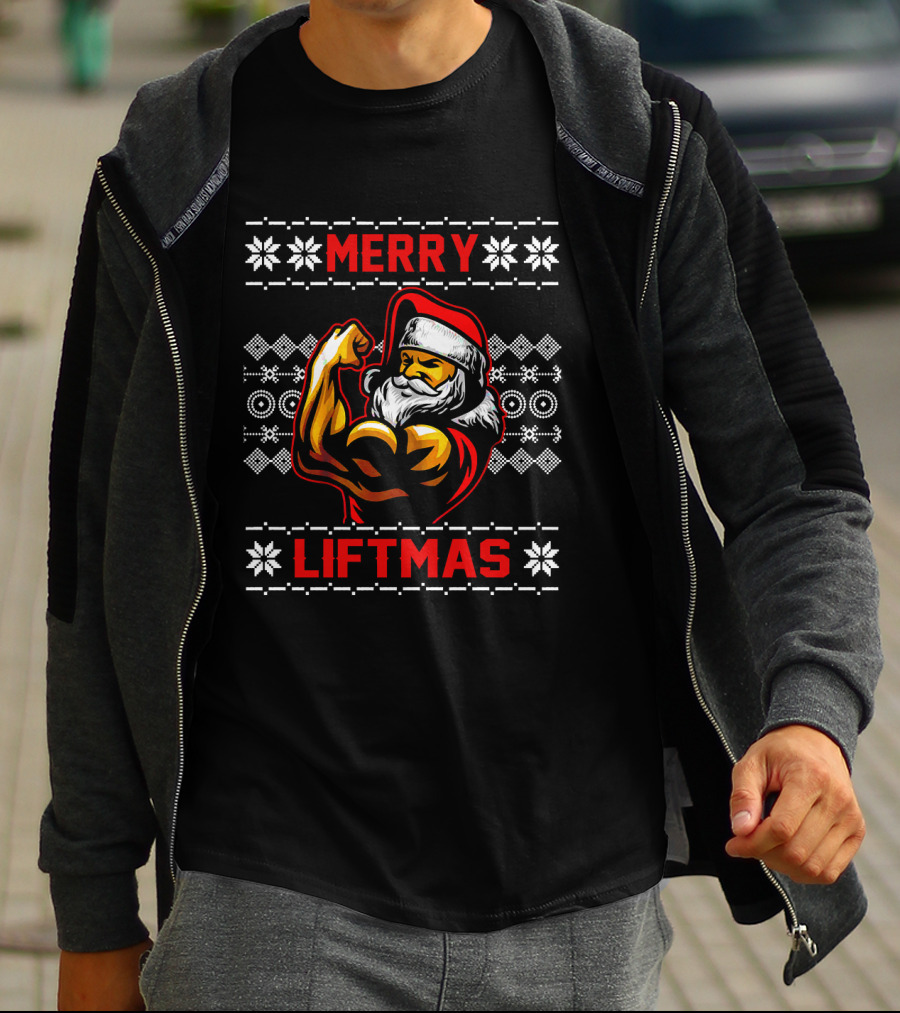 Merry Liftmas Ugly ChristmasGym Santa Claus Muscles Flexing Festive Snowflakes T-Shirt