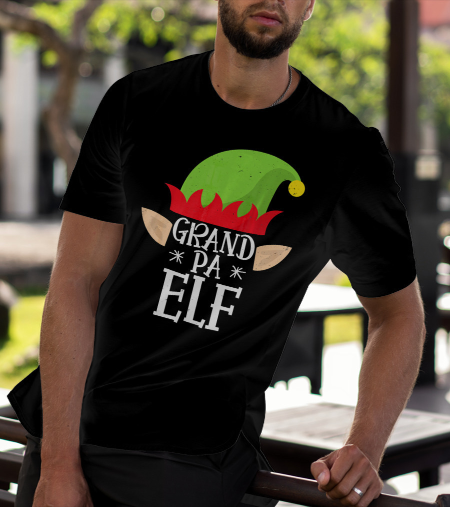 Grandpa Elf Funny Christmas Family Match Holiday Hat And Ears T-Shirt