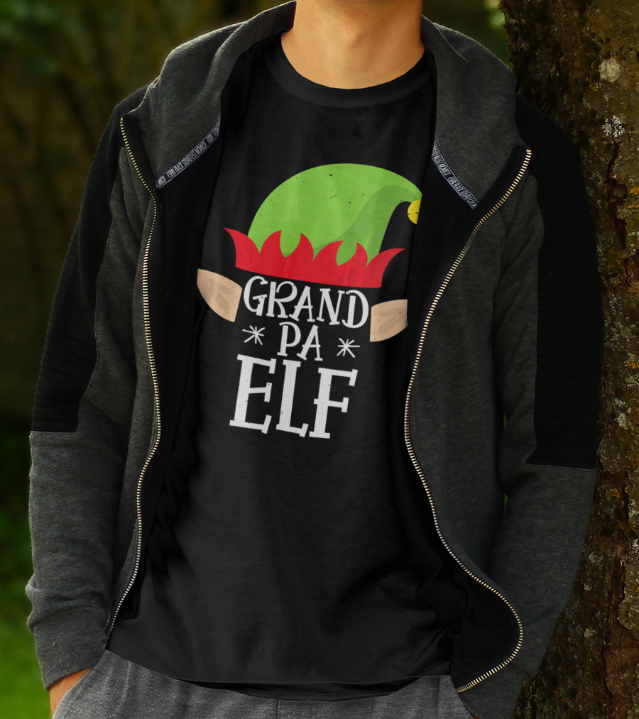 Grandpa Elf Funny Christmas Family Match Holiday Hat And Ears T-Shirt