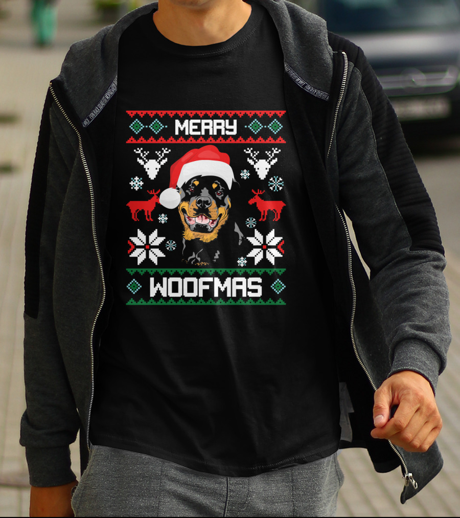 Rottweiler Merry Woofmas Santa Hat Reindeer Ugly Christmas T-Shirt