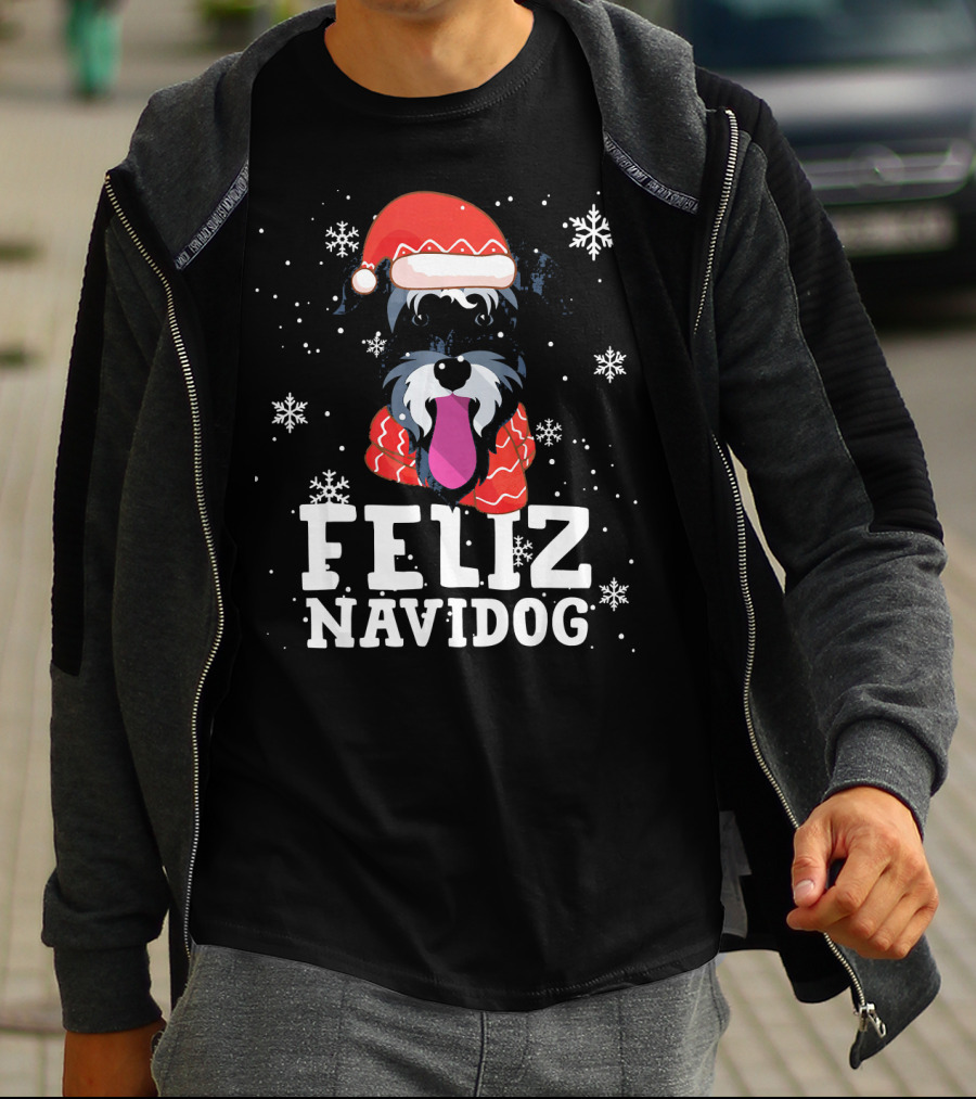 Feliz Navidog Miniature Schnauzer Dog Santa Hat Snowflakes T-Shirt