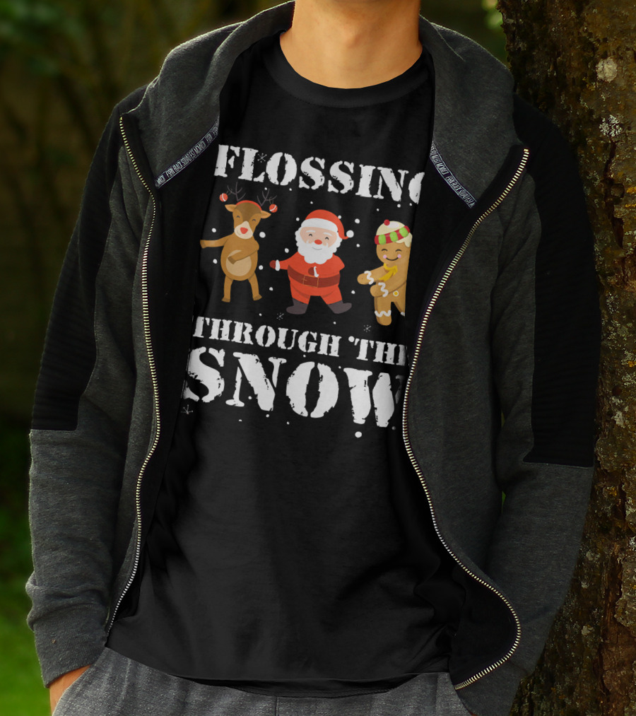 Flossing Through The Snow Santa Reindeer Gingerbread Dancing T-Shirt