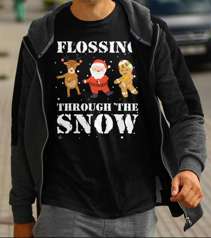Flossing Through The Snow Santa Reindeer Gingerbread Dancing T-Shirt