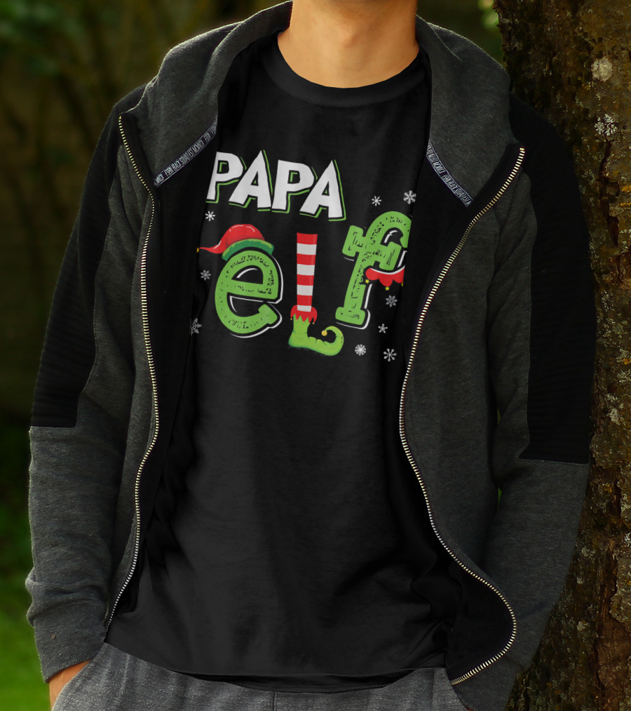 PAPA ELF Christmas Hat Stripes And Snowflakes T-Shirt