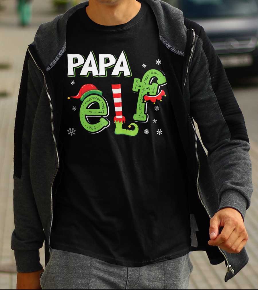 PAPA ELF Christmas Hat Stripes And Snowflakes T-Shirt