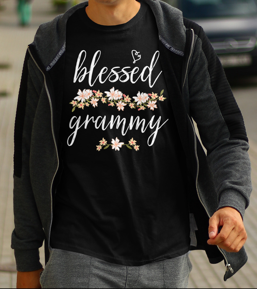 Blessed Grammy Floral Design White Script T-Shirt