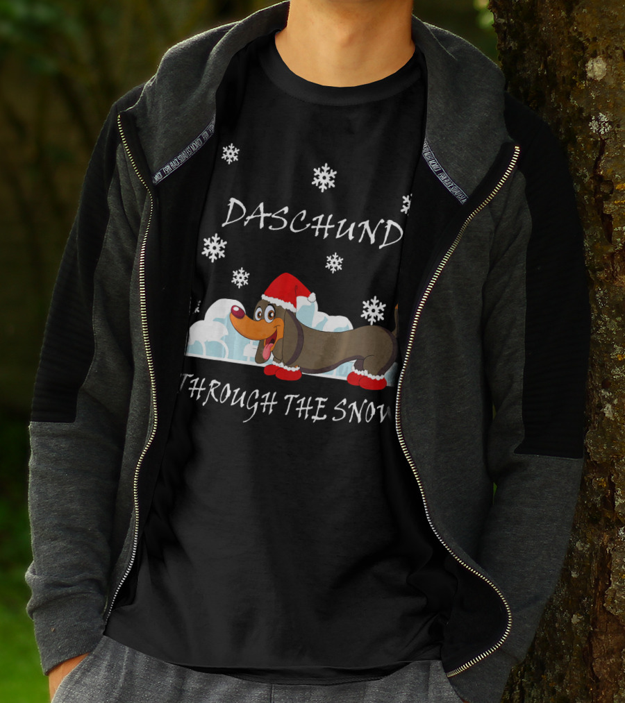 Daschund Through The Snow Santa Hat Snowflakes T-Shirt