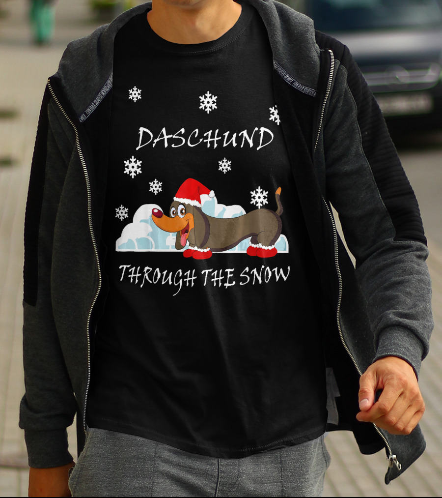 Daschund Through The Snow Santa Hat Snowflakes T-Shirt