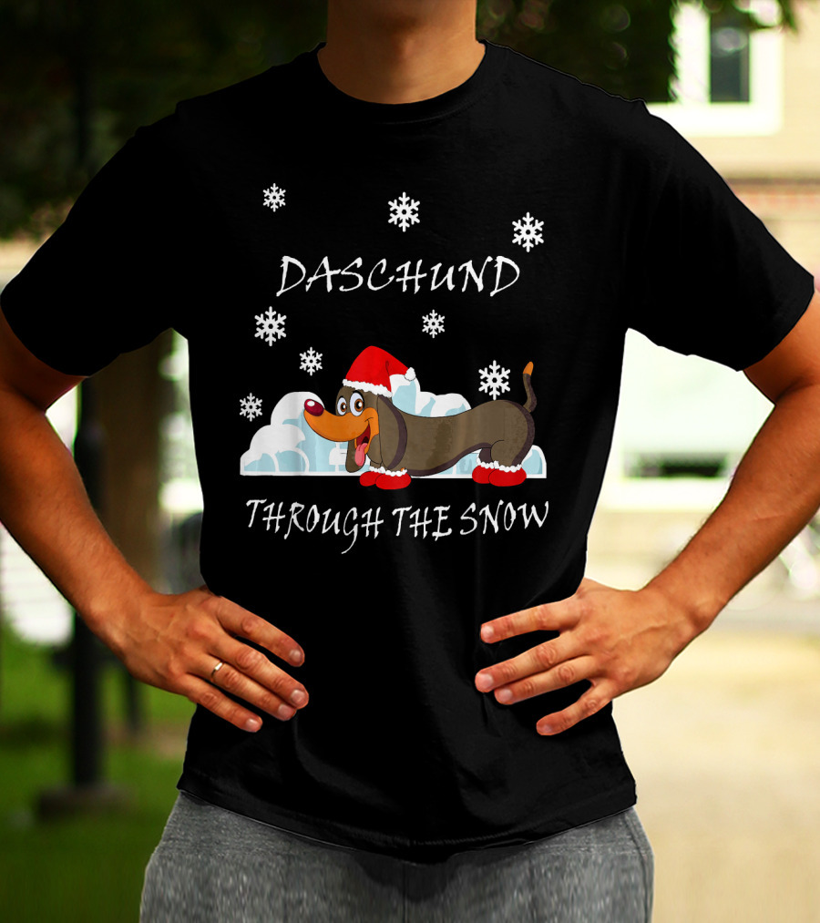 Daschund Through The Snow Santa Hat Snowflakes T-Shirt
