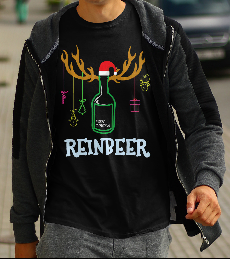 Reinbeer Merry Christmas Antler Bottle With Santa Hat And Hanging Decorations T-Shirt