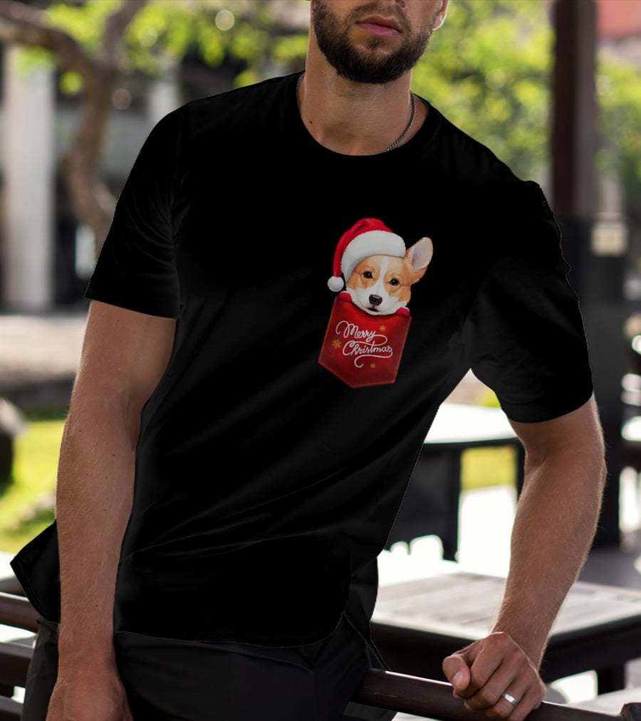 Merry Christmas Welsh Corgi In Santa Hat Pocket T-Shirt